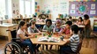 © Alena - Diverse children playing with building blocks in a bright classroom. Inclusive education fostering friendship and mutual respect. World Childrens Day global youth unity and equality.