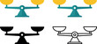 © Md - Set of vector icons showcasing mechanical balance scales in flat color, solid black, and line art styles.