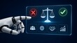 © Amrullah - Robotic finger pointing at artificial intelligence legal regulation interface showing justice scale and compliance rejection checkmark icons