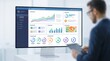 © cik - Business analytics dashboard on computer screen with man holding tablet.