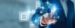 © NexPix - Manager hand touch virtual screen navigating ERP software interface. Connecting supply chains and unifying business operations for streamlined resource planning and enterprise management.