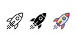 © Mst Runa - Rocket launch icon set in outline black silhouette and flat color design style with exploration