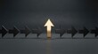 © Rizal - A conceptual illustration featuring a single golden arrow pointing upwards amidst a line of identical black arrows on a dark textured background