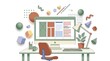 © KITINUPONG - Creative workspace with computer monitor and floating 3D shapes
