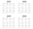 © Mustakim0064 - 2027, 2028, 2029, 2030 simple yearly calendar templates with weak Sunday start | Editable vector calendar grids for desk planners, scheduling, and organization