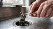 © Yasmin - Person removing a large clump of hair and grime from a clogged kitchen sink drain.