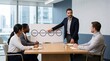 © PixelVista ⭐ - Multi-ethnic business team in a modern corporate boardroom collaborating and analyzing strategy presentation
