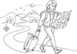 © Abdullah - Woman with suitcase walking on path holding wayfare map in continuous line drawing style.