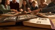 © Faiz Novareza - Extended family members gathering together at home around a wooden table to review old memories inside vintage albums while sharing stories and connecting through past generations across many