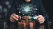 © Creative Insights - Business professional carefully arranging wooden building blocks to create a strategic digital commerce foundation using glowing holographic icons representing modern global retail and e-commerce shop