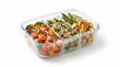 © Sadaf - Healthy vegan meal prep in glass container, nutritious bento box with tofu and vegetables, plant-based lunch box for diet planning