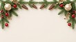 © Graphixarray - A festive christmas border featuring evergreen pine branches pinecones and shiny red and white baubles on white background