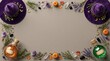 © shaon - Halloween witch hat and potion bottle border frame on a neutral background