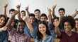 © lananh - Happy Students Giving Thumbs Up: A diverse group of smiling young students with various ethnicities and backgrounds are shown in a classroom setting.