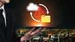 © InfiniteFlow - A businessman holding a tablet showcases cloud computing alert graphics against a city skyline, illustrating challenges in technology and data management for modern businesses. Gantry