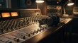 © Nion - Vintage analog audio mixing console with glowing warm vu meters coiled cable headphones and faders in sound recording studio