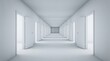 © Senja - Endless white corridor with open doors stretching into the distance symbolizing choices and opportunities.