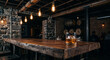 © HooSv - A glass of whiskey with ice on a rustic wooden table in a dimly lit, moody bar interior. Vintage atmosphere with brick walls and warm lights.