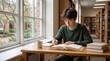 © Arts Eira - Young man focused on academic pursuit, studying books and taking notes in a peaceful library setting