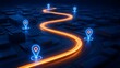 © Amrullah - Winding digital navigation route connecting blue location pins through a dark urban grid representing logistics tracking and supply chain optimization