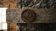 © DriftPixels - Carved wooden mountain relief mounted on a cabin mantel above stone hearth