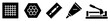 © eclipse - Tile installation tools icons set. Construction and home improvement concept. Includes mesh, honeycomb pattern, notched trowel, caulk gun, tile cutter. Solid black silhouette style