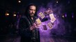 © Kleber - Mysterious man in dark robes conjures tarot cards with purple smoke and occult symbols for Halloween