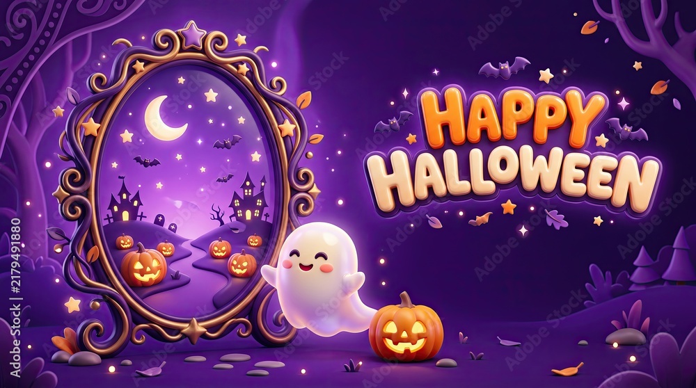 Whimsy Purple Whimsical happy halloween card: cute ghost, glowing pumpkins, ornate ...