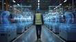 © PAVEL - Rear View of a Male Factory Engineer Walking Down a Modern Plant Aisle Surrounded by Holographic Analytics Dashboards, Ar Charts and Digitized Industrial Machines Visualizing Production Monitoring.