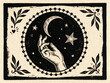 © Angs - Mystical linocut illustration of a hand reaching for the moon and star. Vintage block print style esoteric art with botanical frame