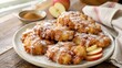 © Artyom - Plate of glazed apple fritters dusted with powdered sugar and cinnamon, served with apple slices on a rustic wooden table