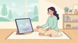 © Yauhen - Woman sits in lotus pose using tablet for guided meditation. Peaceful home setting with mountain view and soft colors. Ideal for mental health and wellness technology marketing.