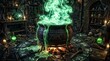 © MdAbdus - Overflowing magic cauldron with glowing green potion in a dark mystical wizard laboratory