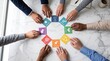 © Huang - Team collaboration and unity, diverse hands arranging colorful puzzle pieces on marble table, business strategy keywords like success ideas workflow partnership goals progress