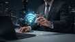 © My Creative Stock - Corporate executive reaching a hand toward a glowing financial coin stack icon hovering above a office desk, futuristic business technology concept, digital transformation