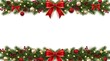 © Abdullah - Festive christmas ball border frame featuring decorative pine branches red bows and shiny ornaments on white background