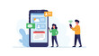 © Salauddin - Young cartoon characters using modern mobile phone applications for scheduling calendar events and checking weather.