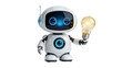 © Miguel - Cute white robot holding a glowing incandescent light bulb, isolated on transparent background