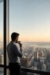 © Dmitry - Businessman drinking coffee by office window overlooking city skyline at sunrise. Man thinking during morning break at workplace.