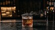 © DarkFrame Studio - Smoked whiskey cocktail with black salt rim and ice cube on dark marble bar counter in cinematic moody lounge.
