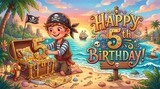 Young pirate discovering glowing number five treasure on tropical beach