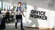 © haris - A man in a blue shirt walks through a modern office space with a shadow cast on the wall that reads 'OFFICE WORKER'.