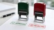 © mcjanuald - Official document verification process featuring green approved and red rejected self inking stamps on printed paperwork representing traditional business decision making and contract authorization