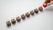 © Nayeem - A hand places a red target cube at the end of a rising path of wooden blocks with checkmarks. This business success concept represents strategic goal achievement.