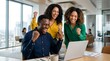 © MheeP - A diverse group of coworkers showing positive collaboration and achievement in a bright workspace.