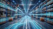 © CuteBee - Automated warehouse logistics center with glowing blue light trails representing advanced supply chain management and robotic delivery systems in a high tech industrial storage unit