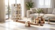 © CuteBee - Architectural model of residential high rise apartment building on wooden scales balanced against stack of gold coins representing luxury real estate market investment and property value