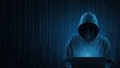 © Creative workshop  - A hooded cyber hacker working on a laptop against a blue digital matrix code background. Cybersecurity concept for information technology crime ads.
