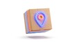 © Dewi - 3D Render of a Cardboard Box Cube Featuring a Glowing Neon Map Location Pin Symbol for Digital Navigation and Logistics Concept