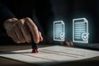 © dia - Hand of a businessman using a stamp to approve documents with glowing digital checkmark icons